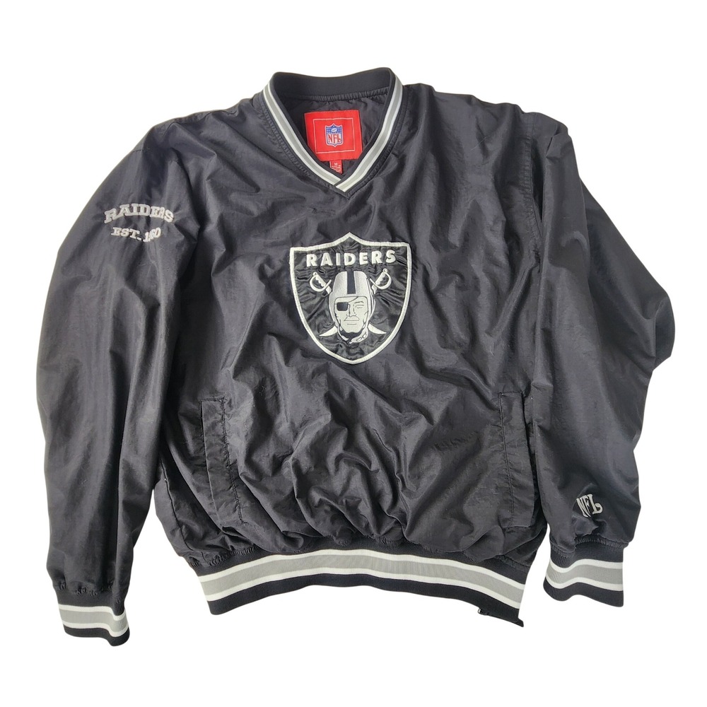 NFL Las Vegas Raiders Medium V-Neck Windbreaker Pullover Jacket Black Silver EUC